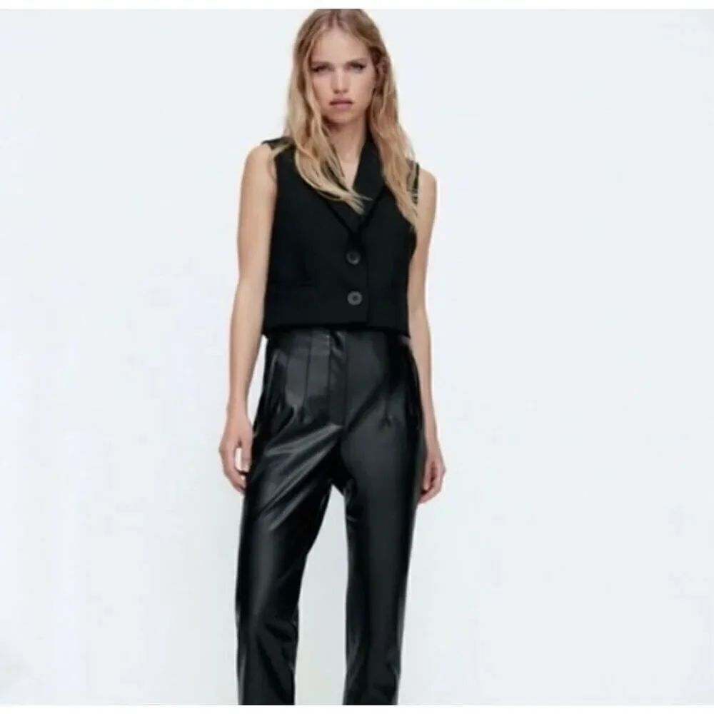 Zara Faux Leather Pleated Black High Waist Pants, Size M